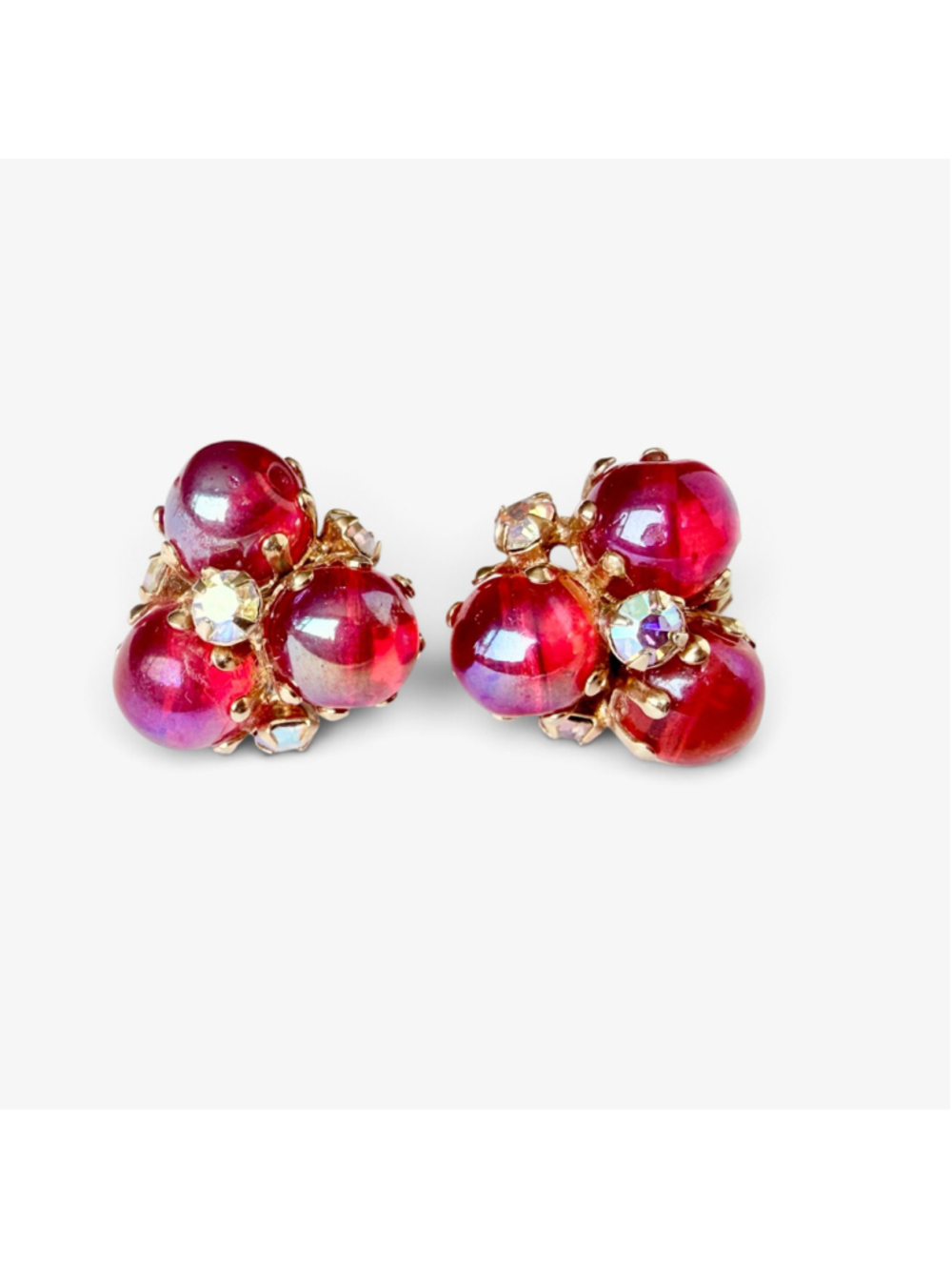 Vintage Dragon’s Breath Glass Clip On Earrings Made in USA Red Purple Rhinestone